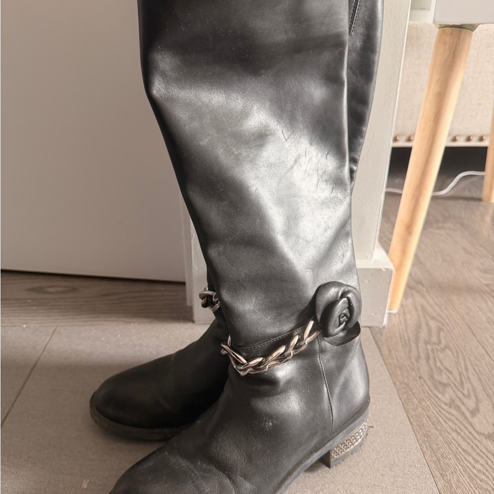 Marino Fabian made in italy black leather knee high boots pink fur trim - Picture 7 of 9